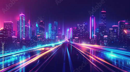 A vibrant neon cityscape at night with colorful light trails from fast-moving vehicles, showcasing a futuristic urban environment.