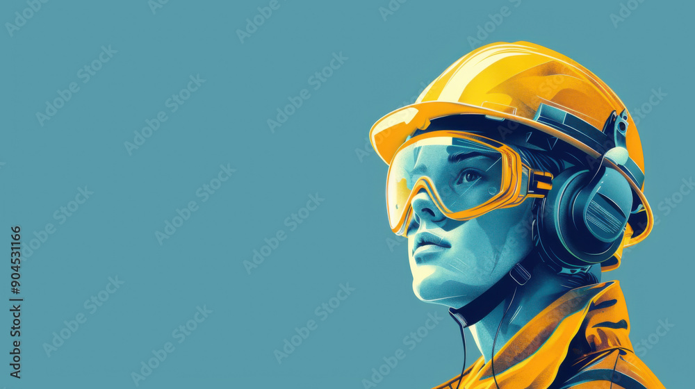 A construction worker in safety gear, including a hard hat, goggles, and headphones, looking upwards against a blue background. A construction worker in safety gear, including a hard hat, goggles, and headphones, looking upwards against a blue background.