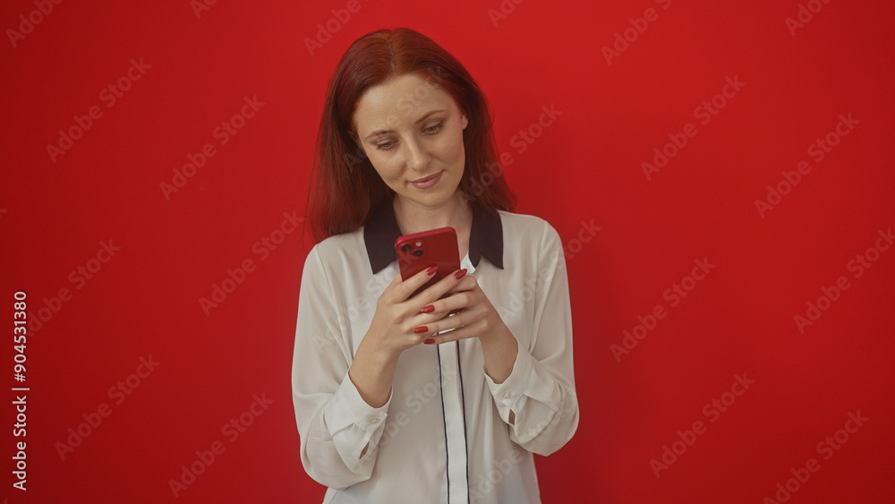 A young, attractive redhead woman in a white blouse is focused on her smartphone against a solid red background. A young, attractive redhead woman in a white blouse is focused on her smartphone against a solid red background.