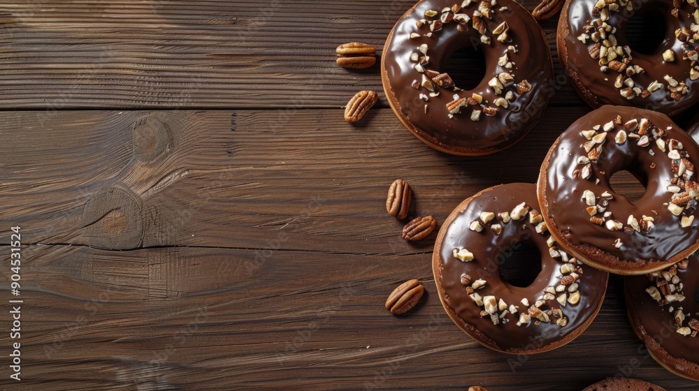 Chocolate Glazed Donuts with Pecans on Wooden Background Copy Space.