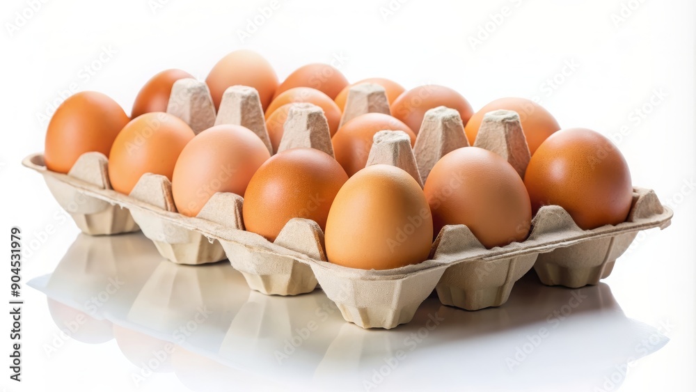 Close up of a paper carton of brown chicken eggs with eggs rolling around, isolated on white background, paper carton Close up of a paper carton of brown chicken eggs with eggs rolling around, isolated on white background, paper carton