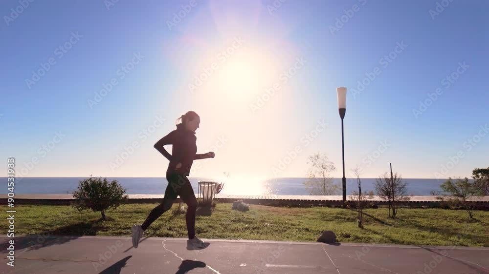 SLO MO TS WS Adult woman running in front of the Rio de la Plata. Sun backlight. Camera slides in and takes her out of frame SLO MO TS WS Adult woman running in front of the Rio de la Plata. Sun backlight. Camera slides in and takes her out of frame