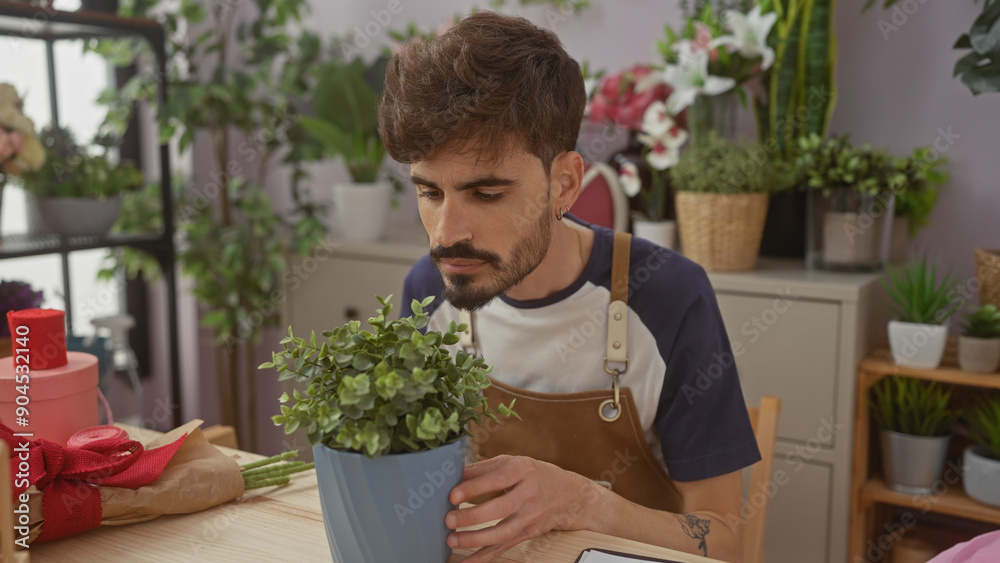A young hispanic man with a beard smells a plant in a flower shop, surrounded by various potted plants and flowers. A young hispanic man with a beard smells a plant in a flower shop, surrounded by various potted plants and flowers.