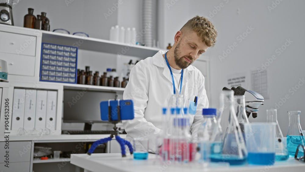 Naklejka premium A bearded caucasian man in a lab coat examines chemicals in a modern laboratory setting, representing research.