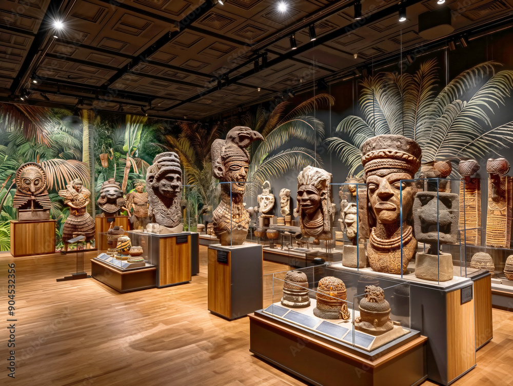 A museum exhibit of various sculptures and statues, including some of the heads of people. The exhibit is displayed on wooden pedestals and is illuminated by lights