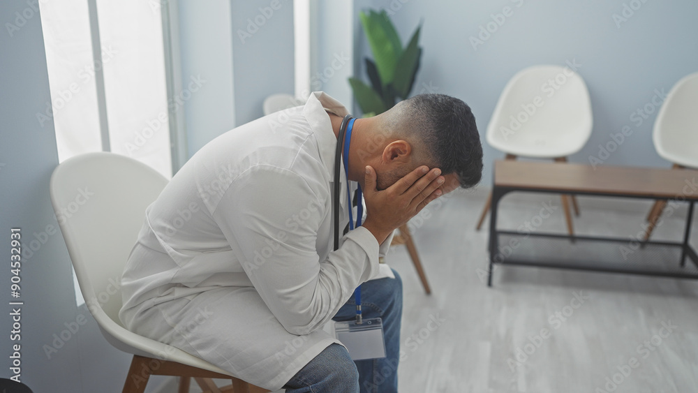 Stressed hispanic man with badge in clinic waiting room, showing healthcare, employment, and emotional distress. Stressed hispanic man with badge in clinic waiting room, showing healthcare, employment, and emotional distress.