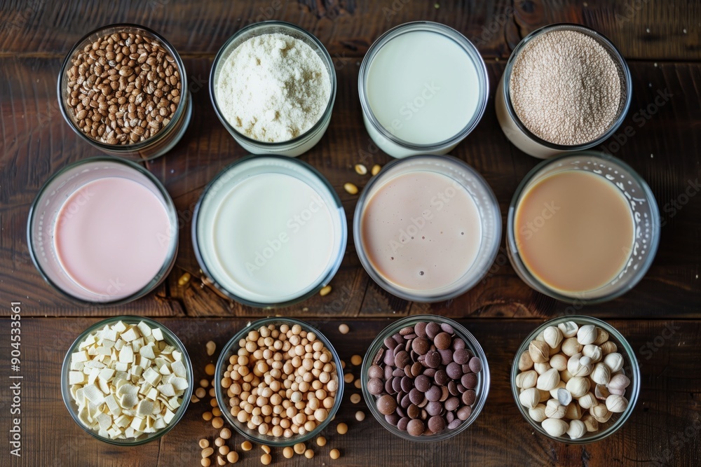 Variety of Plant-Based Milks and Ingredients Variety of Plant-Based Milks and Ingredients