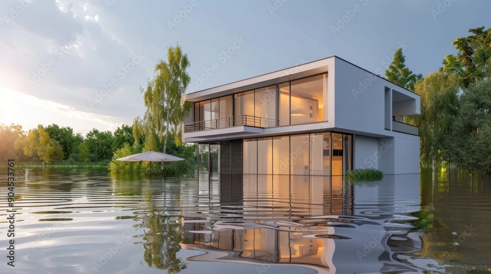 Obraz premium A modern flooded house with large glass windows reflecting trees and sky illustrates the fusion of architecture and natural calamities.