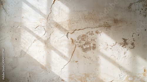 Old wall showing severe dampness and seepage damage, with dark wet patches and peeling paint, illuminated by overhead light casting shadows photo