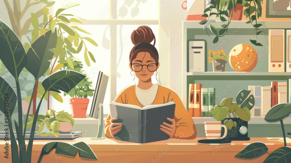 A successful female coder immersed in a book in her inviting home workspace, surrounded by tech accessories, plants, and a peaceful atmosphere. A successful female coder immersed in a book in her inviting home workspace, surrounded by tech accessories, plants, and a peaceful atmosphere.