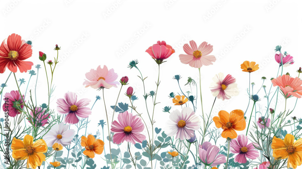 Illustration of various colorful wildflowers on a white background, showcasing a beautiful array of flowers. Illustration of various colorful wildflowers on a white background, showcasing a beautiful array of flowers.