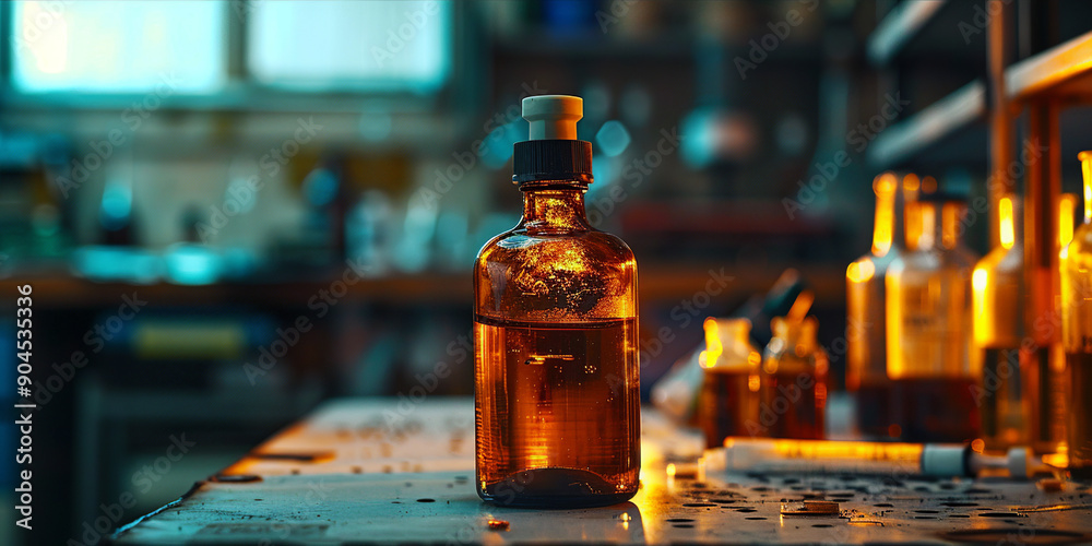 A bottle of petroleum on the laboratory table A bottle of petroleum on the laboratory table