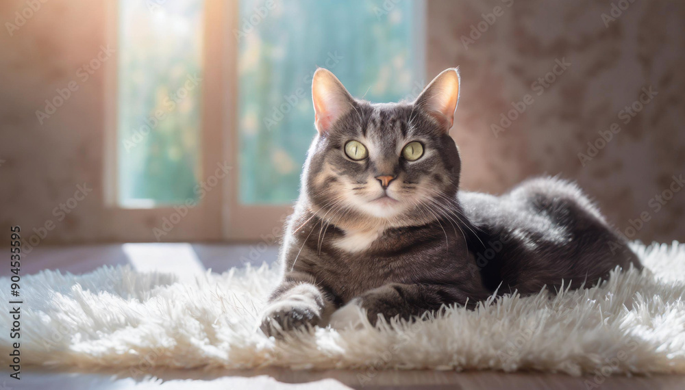 Obraz premium Happy cat lying on white carpet in a sunny living room