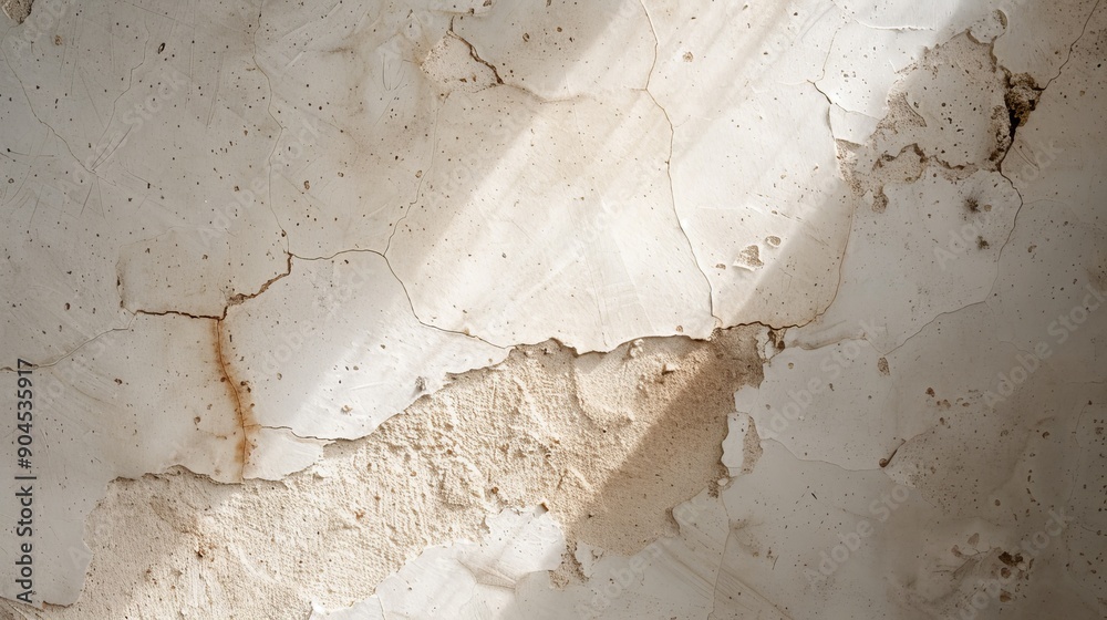 Fototapeta premium Seepage marks spreading across a ceiling, forming a pattern on the wall as water trickles down, highlighting the decay and unique visual textures