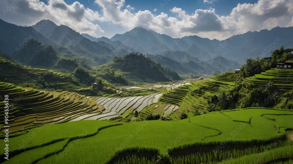Fototapeta premium Landscape of rice terraces in the hills. Ai Generative.