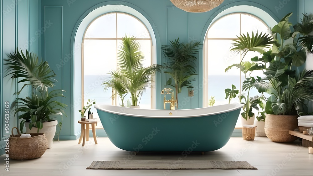 A calm bathroom design including a huge teal bathtub and a basket-mounted palm plant A calm bathroom design including a huge teal bathtub and a basket-mounted palm plant