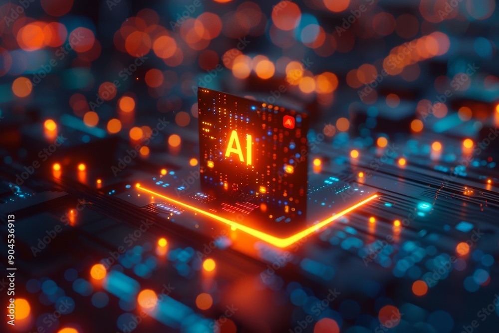 Glowing AI chip on a circuit board illustrating the advancement of technology and artificial intelligence. Glowing AI chip on a circuit board illustrating the advancement of technology and artificial intelligence.