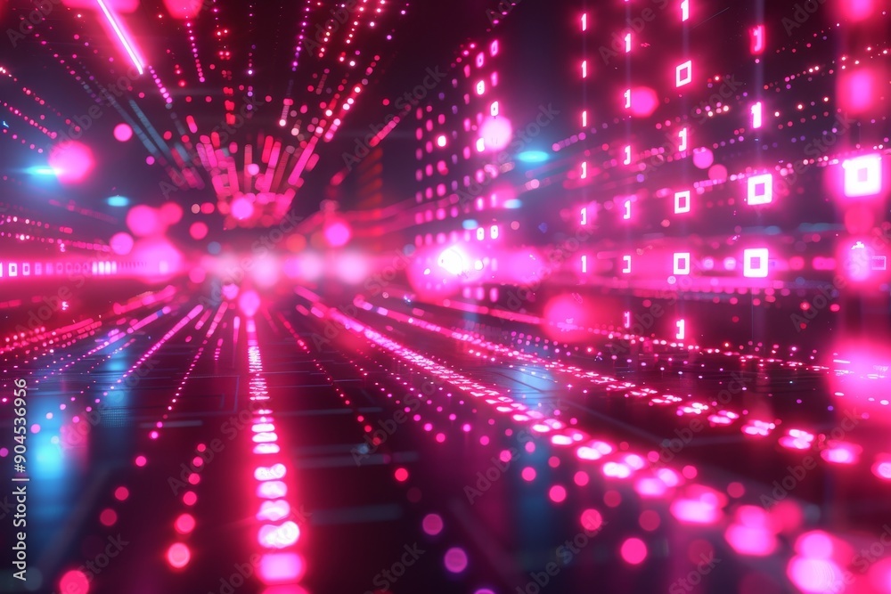 Digital tunnel with glowing pink lights representing data flow and technological innovation in a futuristic setting. Digital tunnel with glowing pink lights representing data flow and technological innovation in a futuristic setting.