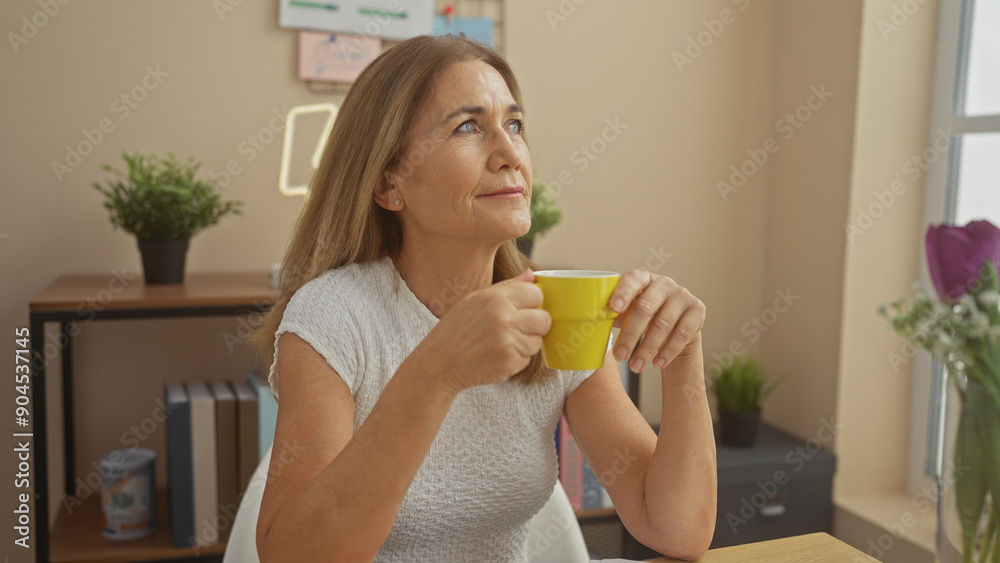 Middle-aged woman enjoying coffee in a modern living room with plants Middle-aged woman enjoying coffee in a modern living room with plants