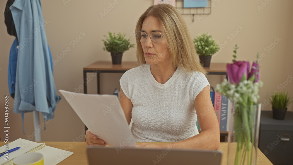 A focused middle-aged woman reads a document at a home office setup with a laptop, plants, and decor in the background. A focused middle-aged woman reads a document at a home office setup with a laptop, plants, and decor in the background.