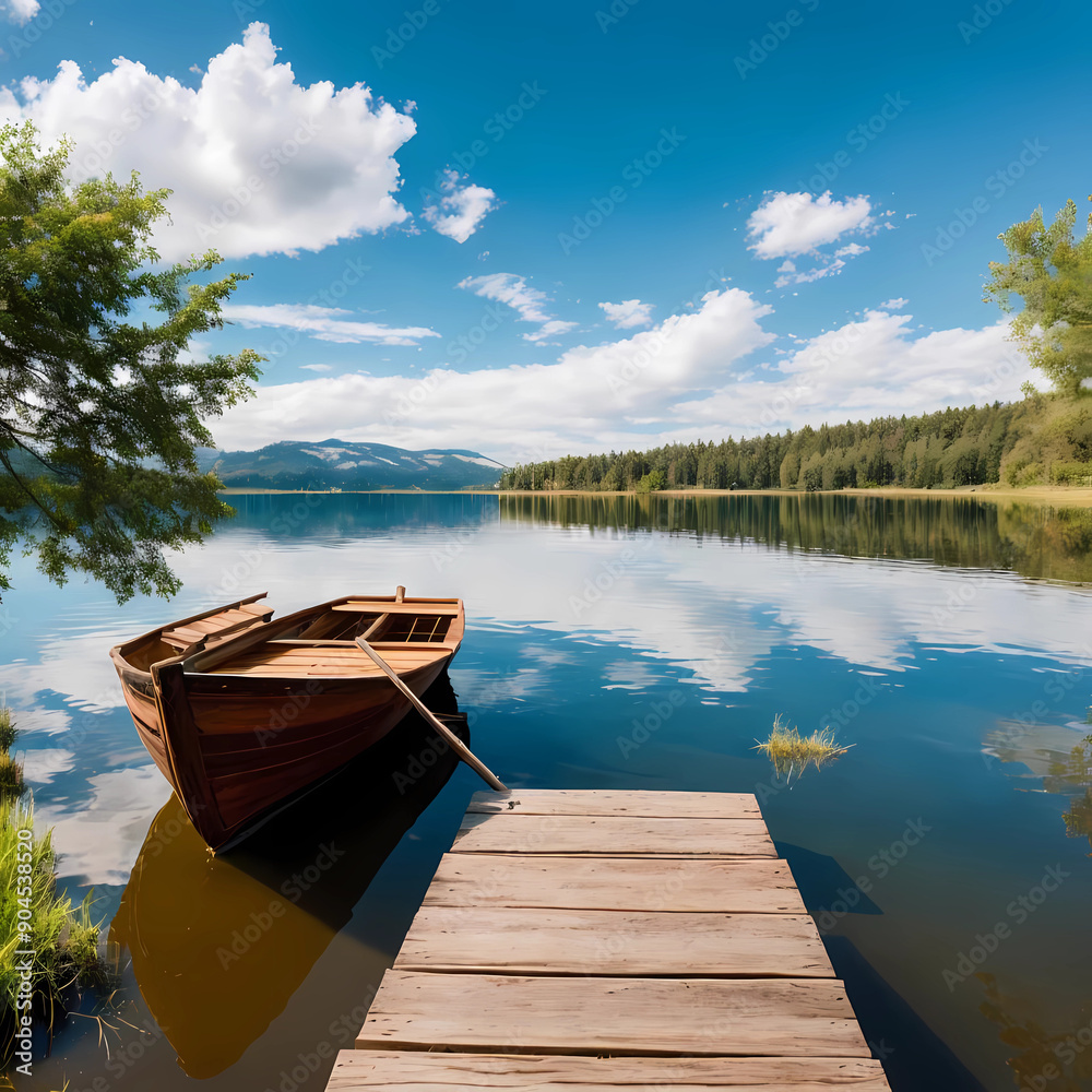 Beautiful lake landscape with row boat and old wooden lake bridge with beautiful sky and cloud background, place for rest and relax, calm water with fresh environment. Beautiful lake landscape with row boat and old wooden lake bridge with beautiful sky and cloud background, place for rest and relax, calm water with fresh environment.