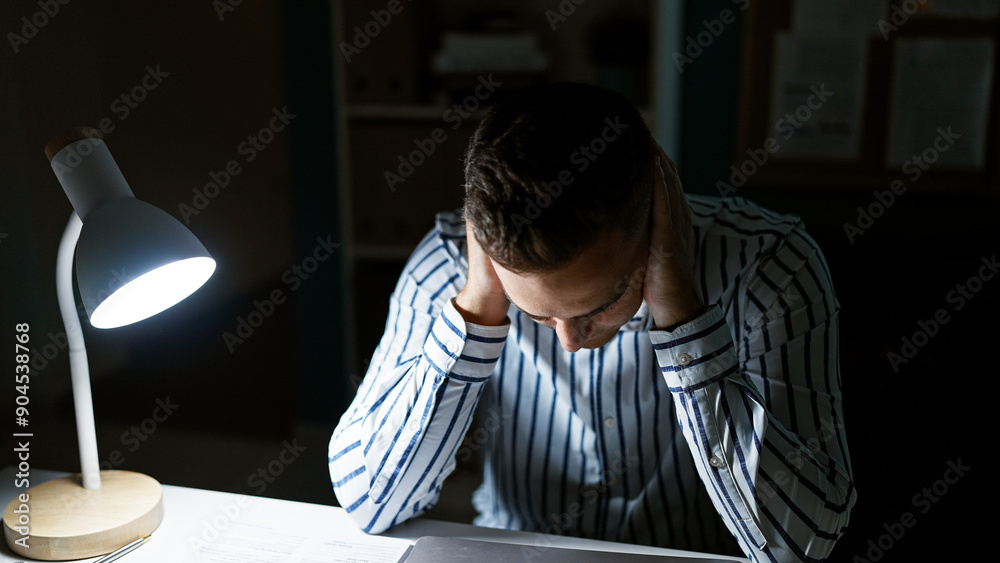 A young hispanic man in a striped shirt appears stressed while working late in an office. A young hispanic man in a striped shirt appears stressed while working late in an office.