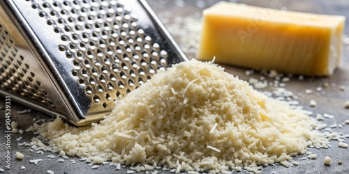 Close-up of grated parmesan cheese on a metal grater, grated cheese, parmesan, food, cooking, ingredient, kitchen, metal