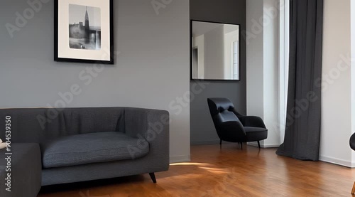 A light gray wall complements the elegant wooden flooring, featuring a stylish chair and comfortable furniture. A white picture frame on the wall adds a touch of elegance to the space.
