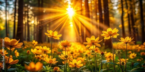 Golden sunlight streaming through dense forest, illuminating vibrant blooming flowers , sunshine, forest, blossoms, golden, rays