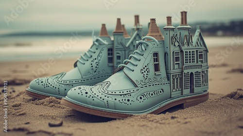 Elegant Brogue Shoes Resembling Buildings on a Beach photo