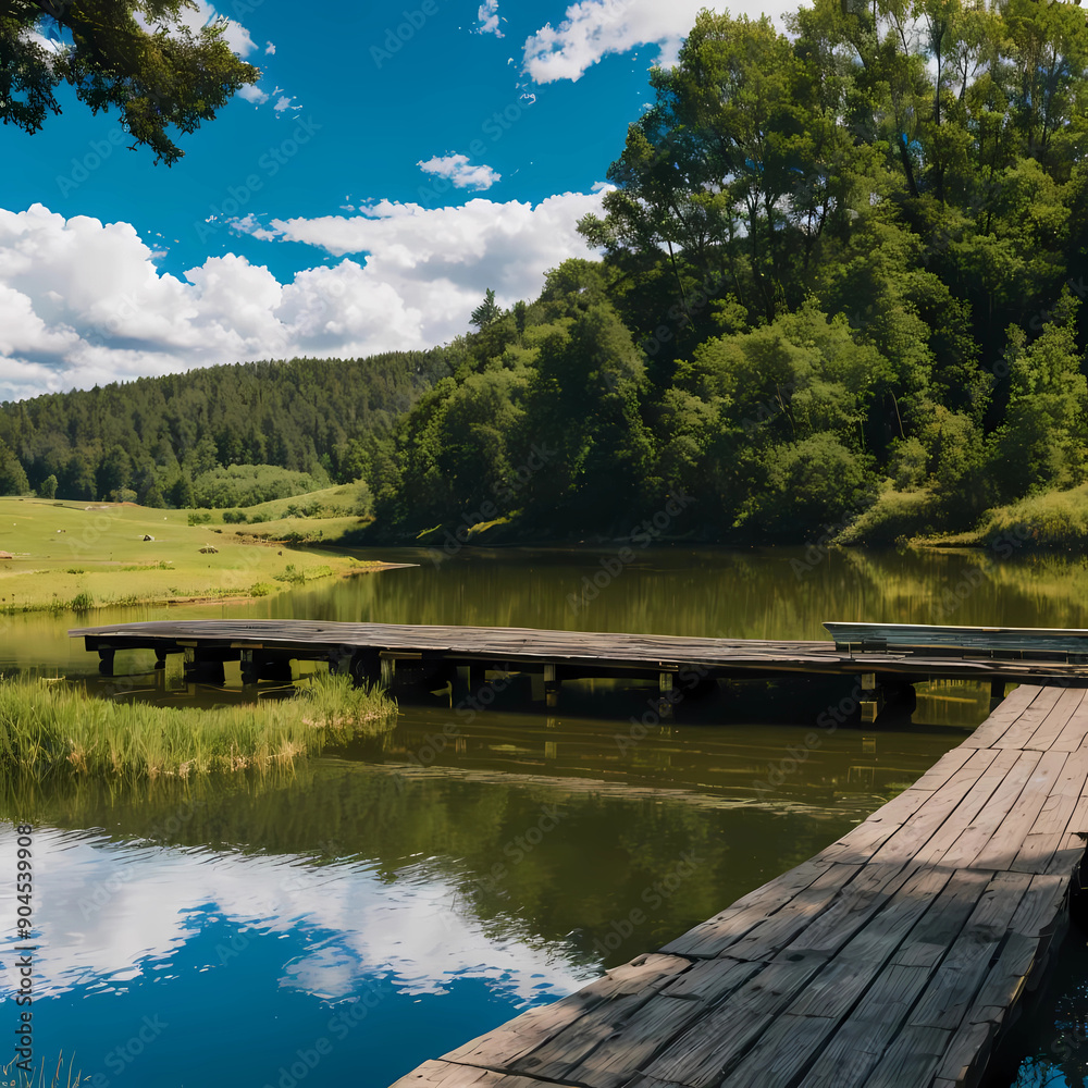 Fototapeta premium Beautiful lake landscape with row boat and old wooden lake bridge with beautiful sky and cloud background, place for rest and relax, calm water with fresh environment.