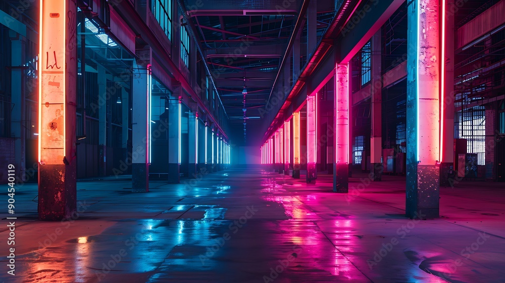 Fototapeta premium factory illuminated with neon lights of vibrant colors highlighting areas and creating a surreal atmosphere