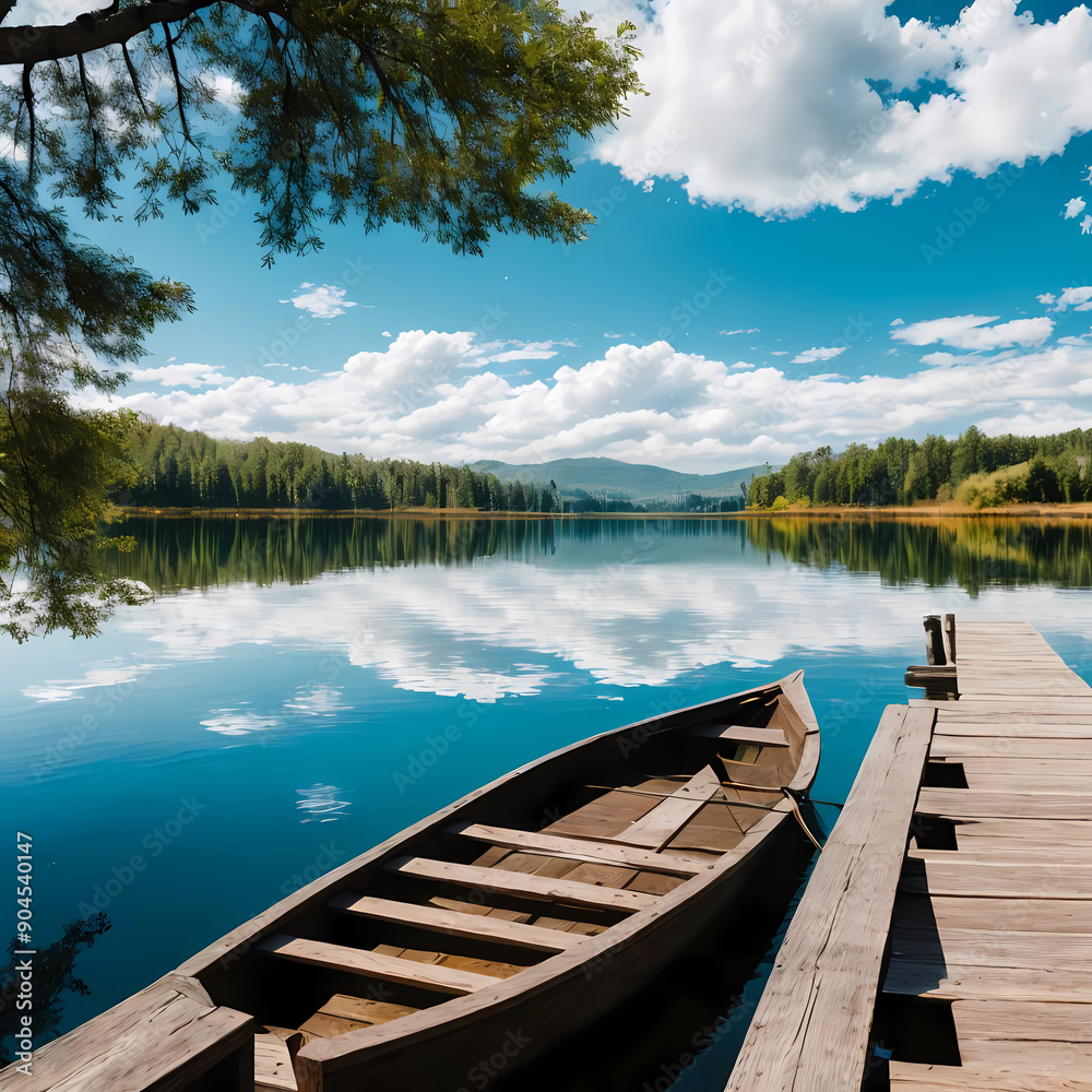 Beautiful lake landscape with row boat and old wooden lake bridge with beautiful sky and cloud background, place for rest and relax, calm water with fresh environment. Beautiful lake landscape with row boat and old wooden lake bridge with beautiful sky and cloud background, place for rest and relax, calm water with fresh environment.