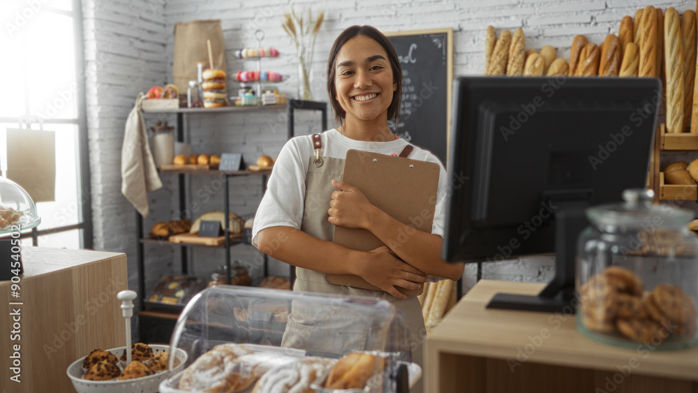 Young, woman, brunette, adult, standing, smiling, inside, bakery, holding, clipboard Young, woman, brunette, adult, standing, smiling, inside, bakery, holding, clipboard