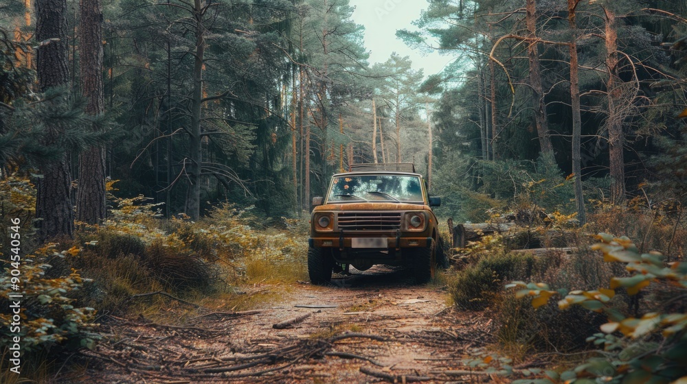 A vehicle navigating through forest terrain A vehicle navigating through forest terrain