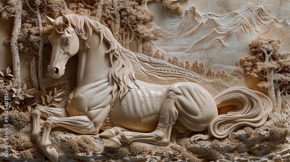 Horse lying down in a detailed carved landscape with trees and mountains. Black and white digital art illustration. Nature and wildlife concept. Design for poster, wallpaper, print. Landscape view. Horse lying down in a detailed carved landscape with trees and mountains. Black and white digital art illustration. Nature and wildlife concept. Design for poster, wallpaper, print. Landscape view.