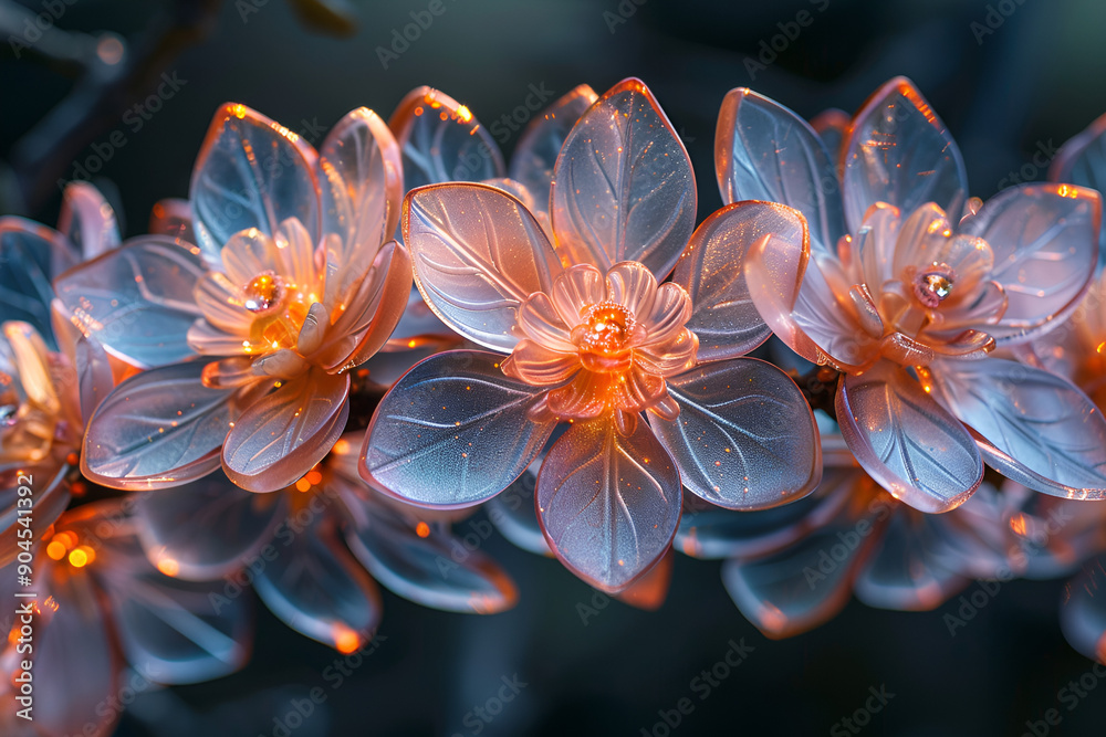 Colorful flowers illuminated by soft lights in a close-up shot. Colorful flowers illuminated by soft lights in a close-up shot.