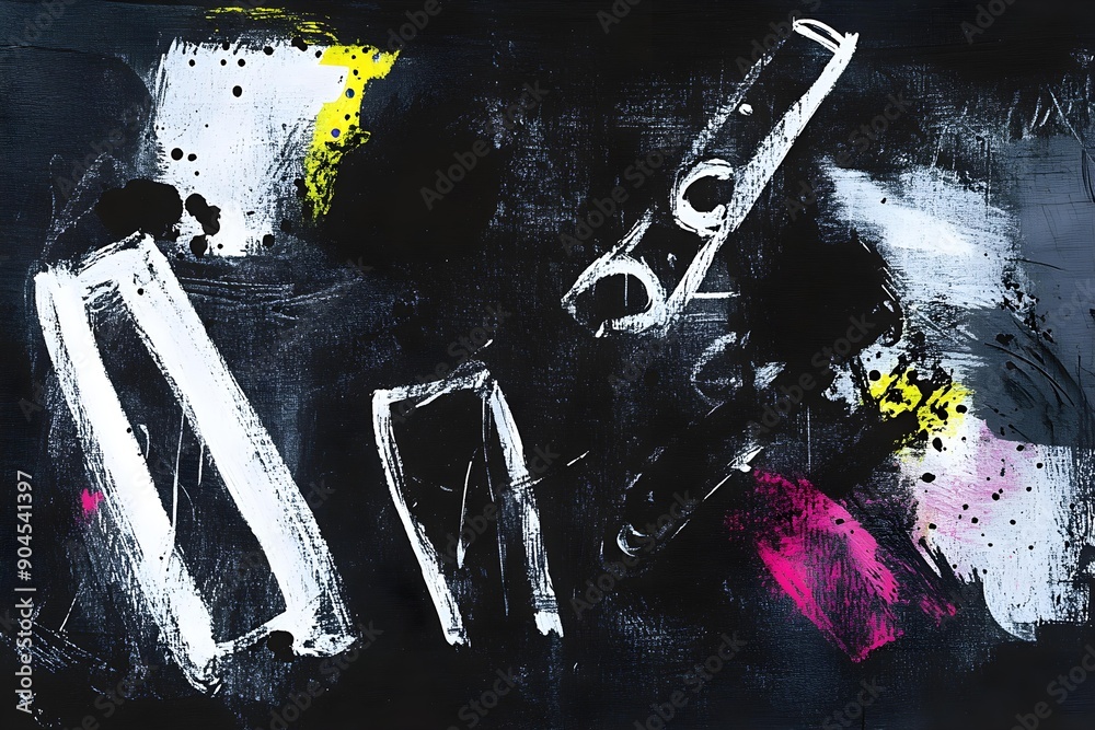 Fototapeta premium Hand drawn dark abstract artwork with white symbols and splashes , created in grunge modern trendy style using ink and acryl on black paper. Can be used as cover, background , texture or poster