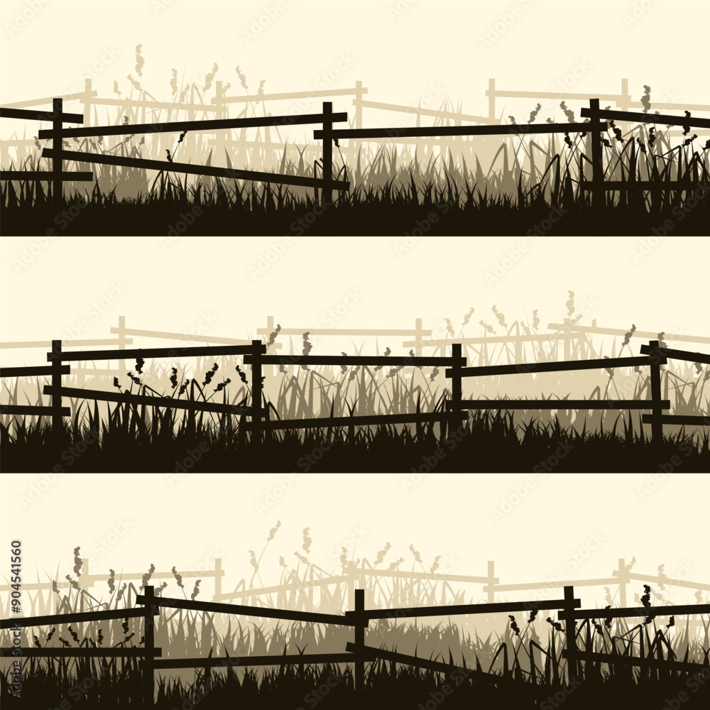 Obraz premium Meadow silhouettes with grass and old wooden fence. Countryside, panoramic summer lawn rural landscape with herbs, weeds. Herbal border, frame element. Brown horizontal banners. Vector illustration