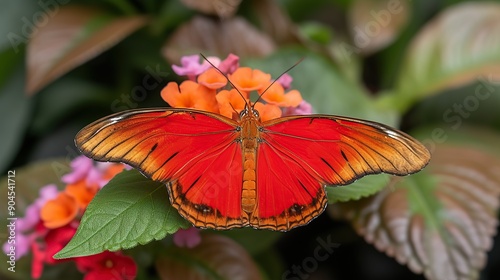 Bright Red Butterfly on Colorful Flowers