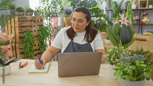 Mature hispanic woman writing notes beside laptop in flower shop, surrounded by plants