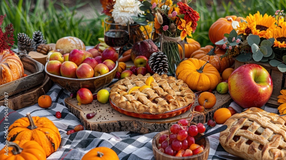 Photo of a fall picnic setup with a charcuterie board featuring seasonal fruits and pies Photo of a fall picnic setup with a charcuterie board featuring seasonal fruits and pies