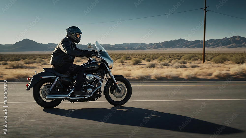 A stunning shot of a speeding motorcycle on Route 66, captured with dynamic studio lighting and vibrant textures. The wide expanse evokes excitement and goal-setting. A young girl rider adds interest. A stunning shot of a speeding motorcycle on Route 66, captured with dynamic studio lighting and vibrant textures. The wide expanse evokes excitement and goal-setting. A young girl rider adds interest.