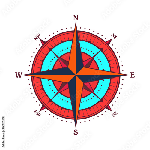 Vintage marine wind rose, nautical chart. Colorful navigational compass with cardinal directions of North, East, South, West. Geographical position, cartography and navigation. Vector illustration