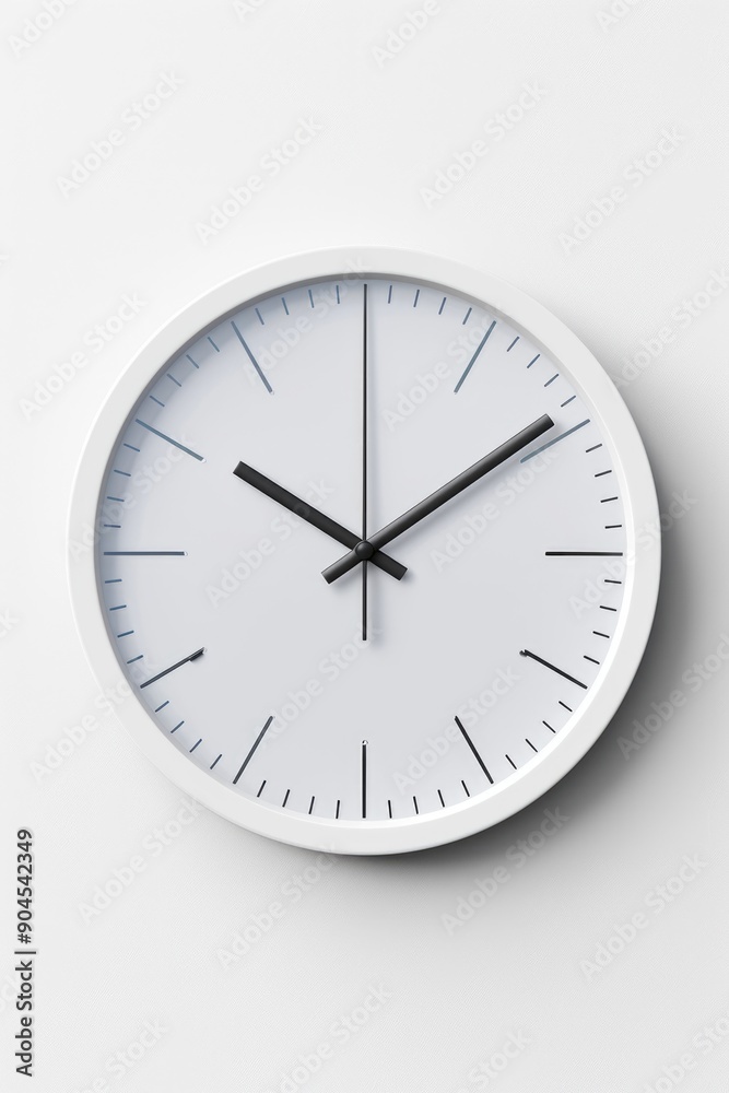 A simple and clean design featuring a white clock with black hands on a white background, perfect for use in modern decor or minimalist designs A simple and clean design featuring a white clock with black hands on a white background, perfect for use in modern decor or minimalist designs