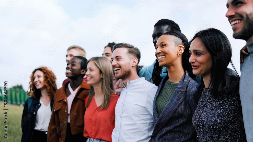Diverse group of friends having fun smiling outdoor in summer day. Young people celebrate holiday vacations outside Diverse group of friends having fun smiling outdoor in summer day. Young people celebrate holiday vacations outside
