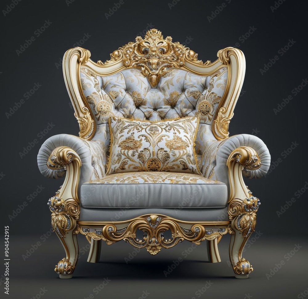 Large chair in gold and ivory with dark silver and light gray accents. Baroque patterns and light indigo and brown tones. A statement piece for luxurious spaces! 🪑✨ Large chair in gold and ivory with dark silver and light gray accents. Baroque patterns and light indigo and brown tones. A statement piece for luxurious spaces! 🪑✨
