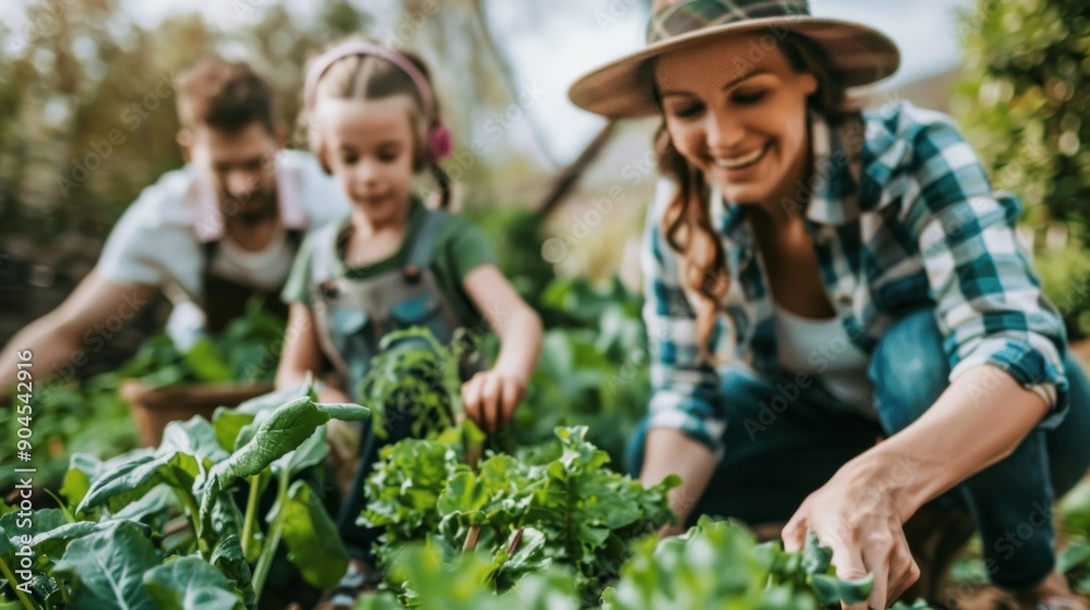 Photo of a family gathering vegetables in a backyard garden during harvest season Photo of a family gathering vegetables in a backyard garden during harvest season