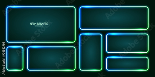 Glowing neon banners, illuminated colorful square frames. Shiny vibrant border, glow effect. Azure vintage retro lights, night illumination. Modern futuristic UI design elements. Vector illustration