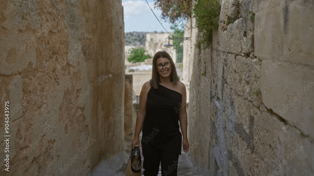 A young hispanic woman in black attire smiles while walking through a narrow old town alley in matera, basilicata, italy, capturing the charm of this historic european city. A young hispanic woman in black attire smiles while walking through a narrow old town alley in matera, basilicata, italy, capturing the charm of this historic european city.